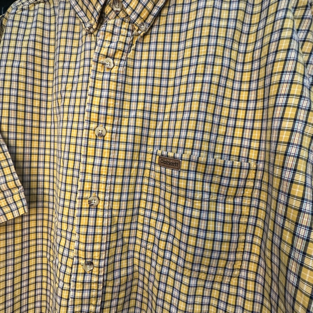 Carhartt Yellow and Navy Plaid Short-Sleeve Button-Down Shirt